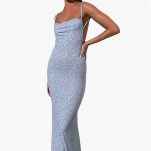 NWOT Francesca’s Backless Blue Floral Maxi Dress Medium